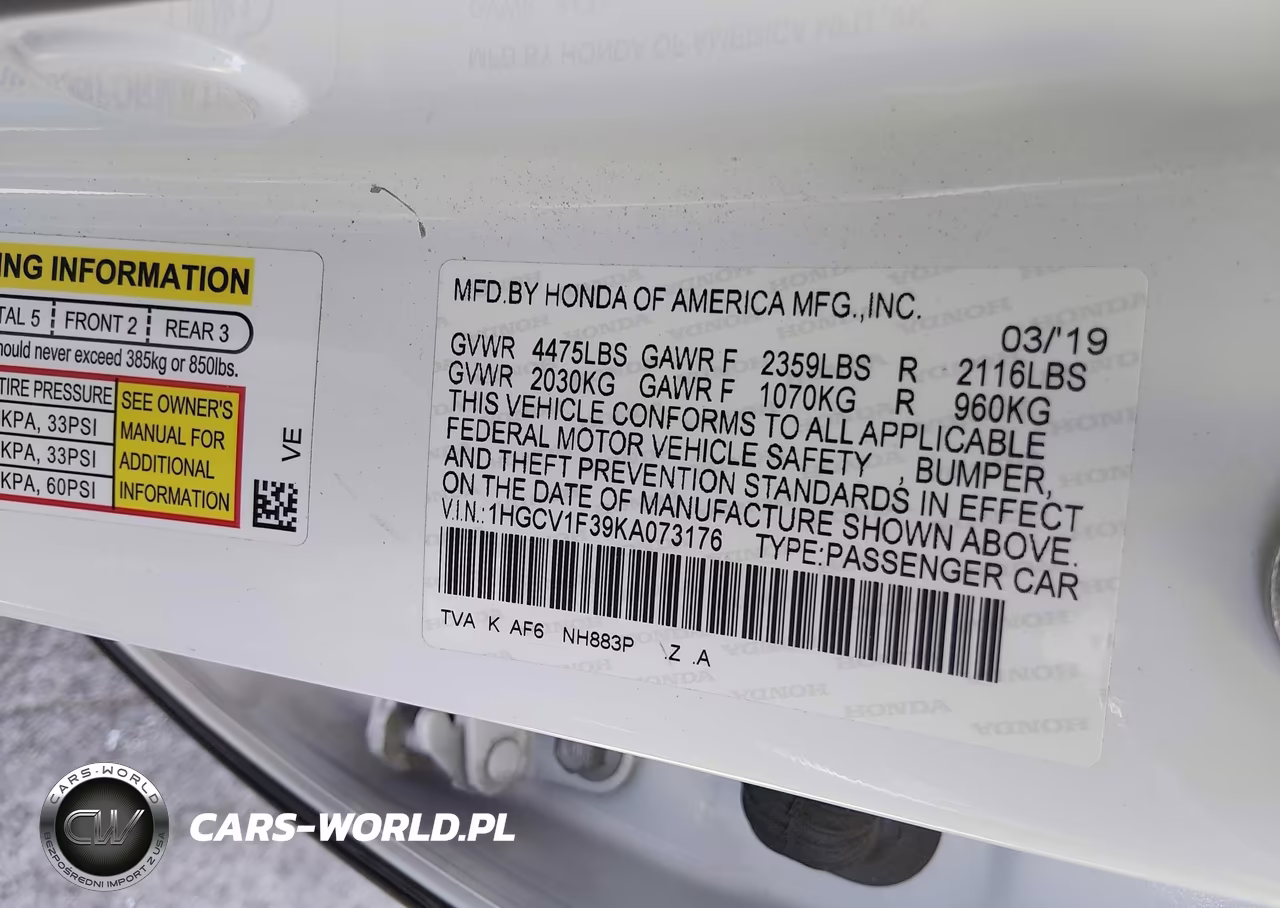 2019 Honda Accord Sport VIN:1HGCV1F39KA073176 - 9