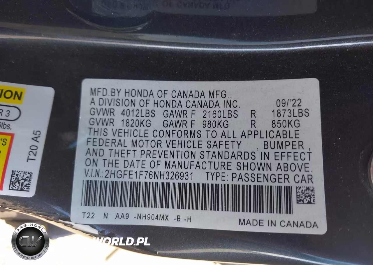 2022 Honda Civic Ex VIN:2HGFE1F76NH326931 - 9