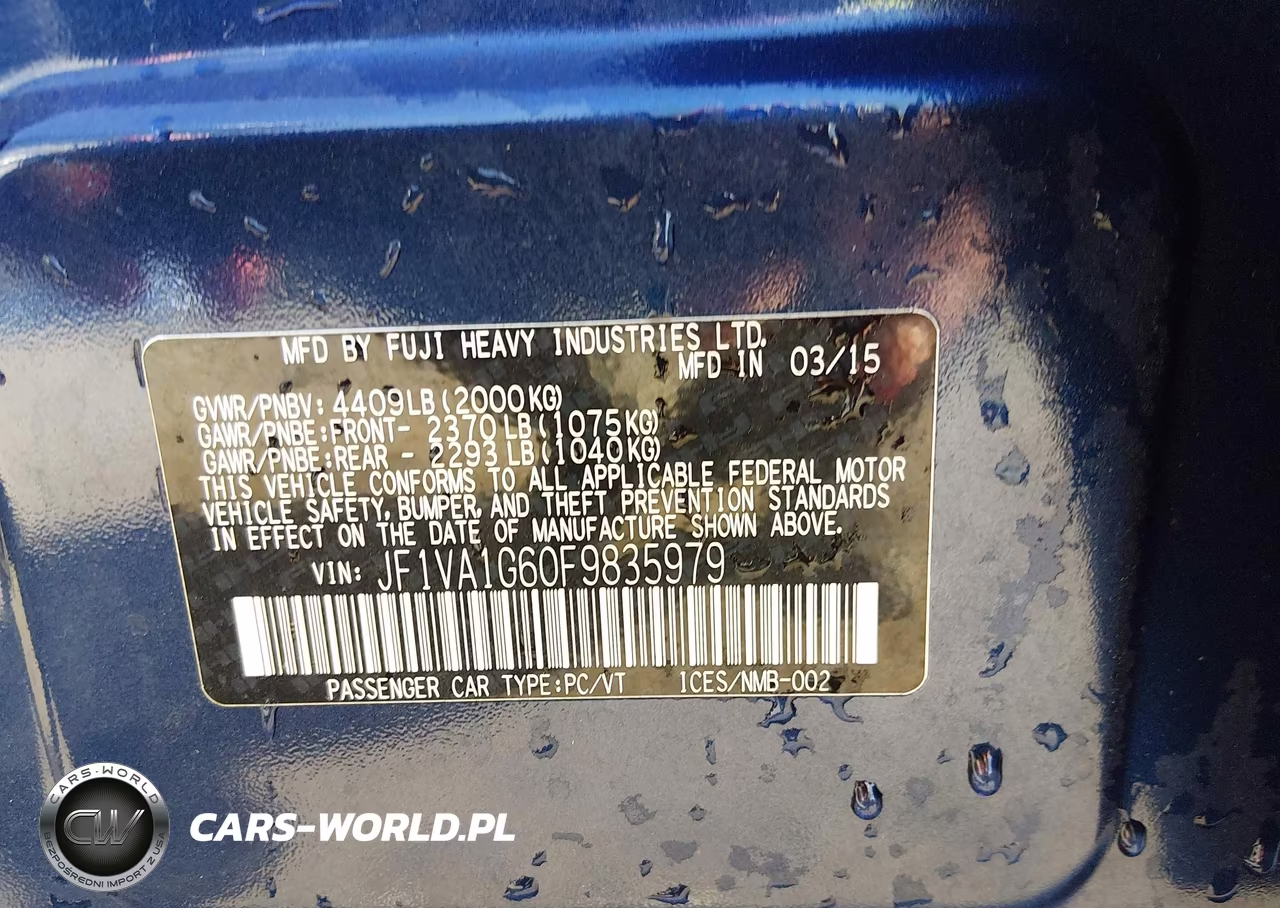 2015 Subaru Wrx Limited VIN:JF1VA1G60F9835979 - 9