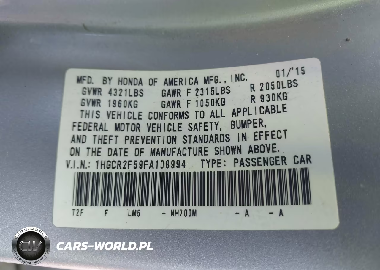 2015 Honda Accord Sport VIN:1HGCR2F59FA108994 - 9