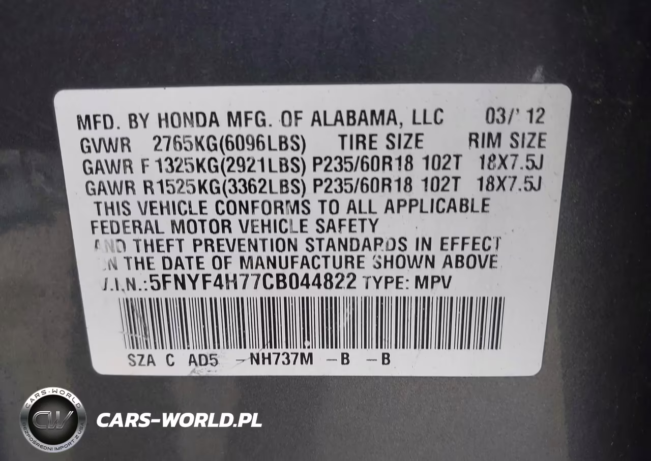 2012 Honda Pilot Ex-L VIN:5FNYF4H77CB044822 - 9