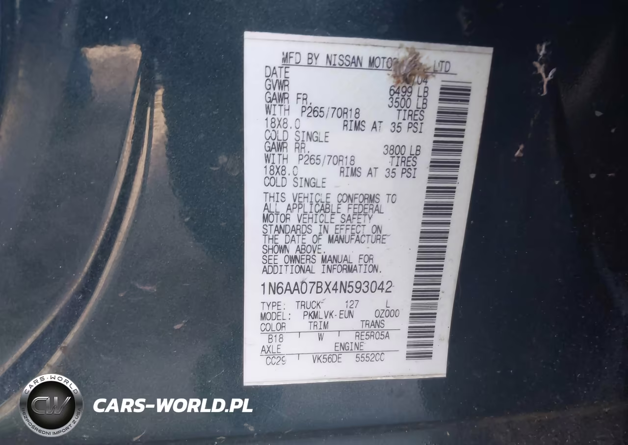 2004 Nissan Titan Le VIN:1N6AA07BX4N593042 - 9