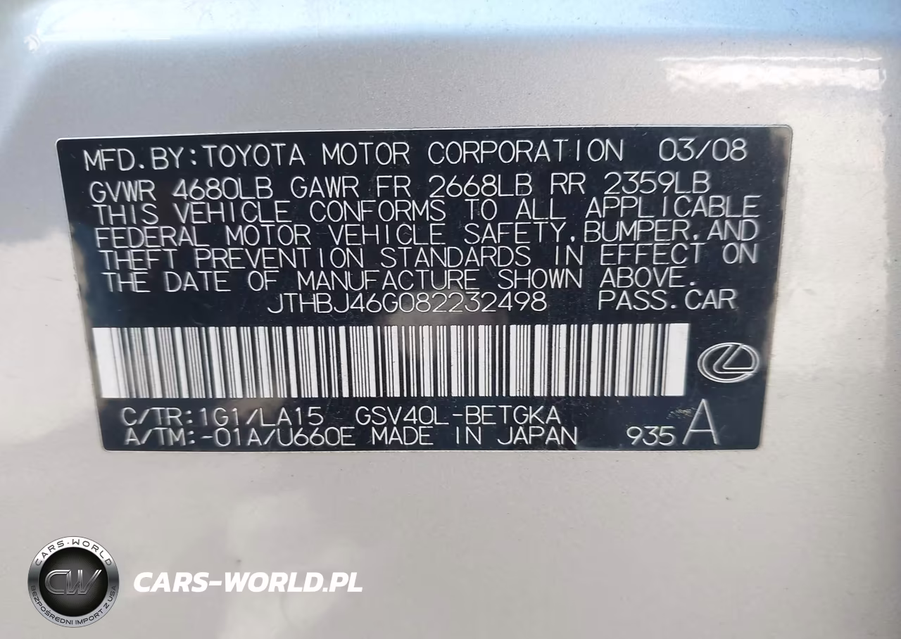 2008 Lexus Es 350 VIN:JTHBJ46G082232498 - 9
