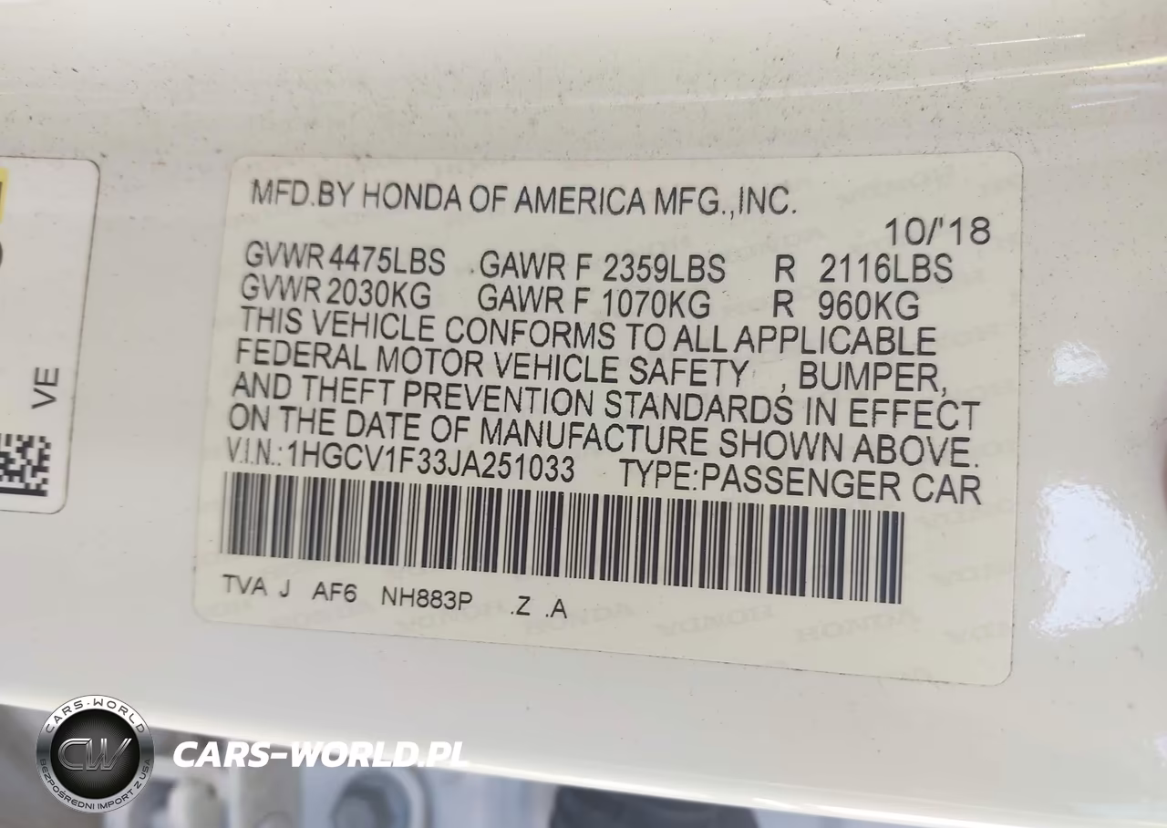 2018 Honda Accord Sport VIN:1HGCV1F33JA251033 - 9