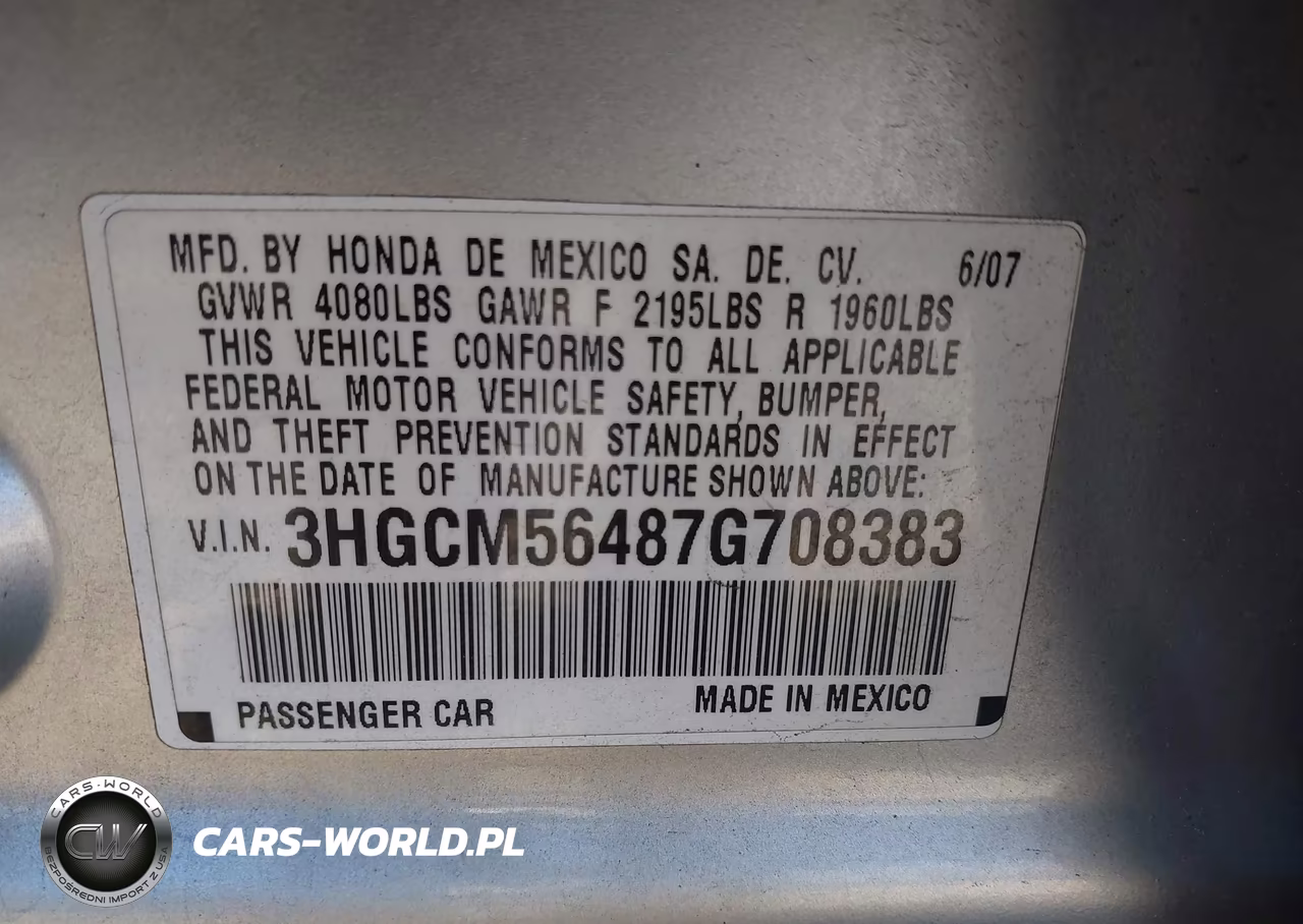 2007 Honda Accord 2.4 Lx VIN:3HGCM56487G708383 - 9