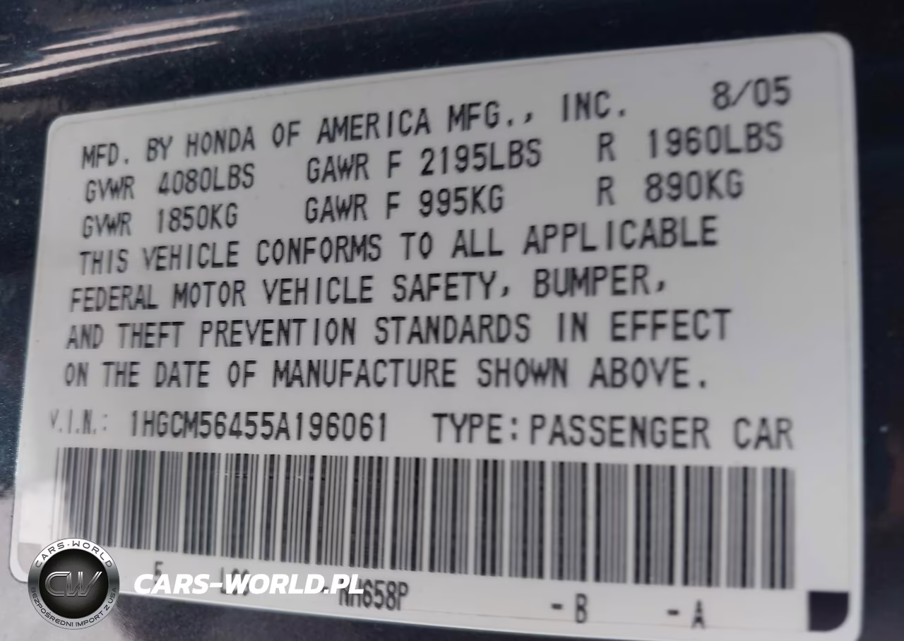 2005 Honda Accord 2.4 Lx VIN:1HGCM56455A196061 - 9