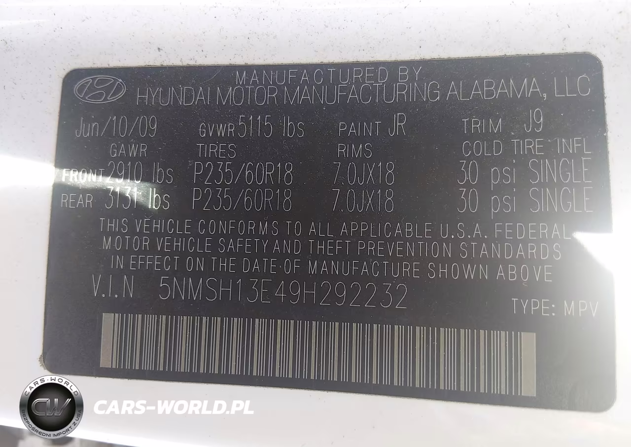 2009 Hyundai Santa Fe Limited VIN:5NMSH13E49H292232 - 9