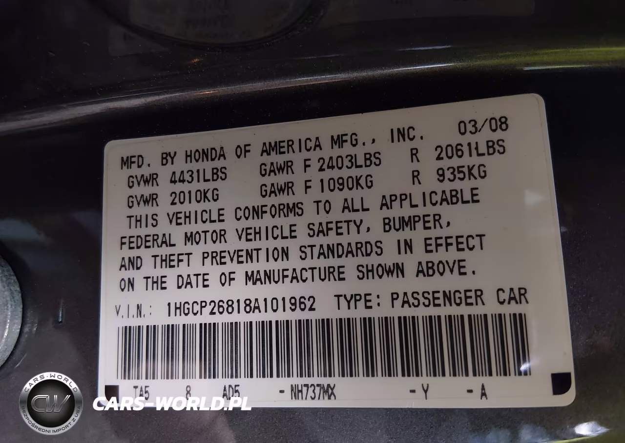 2008 Honda Accord 2.4 Ex-L VIN:1HGCP26818A101962 - 9