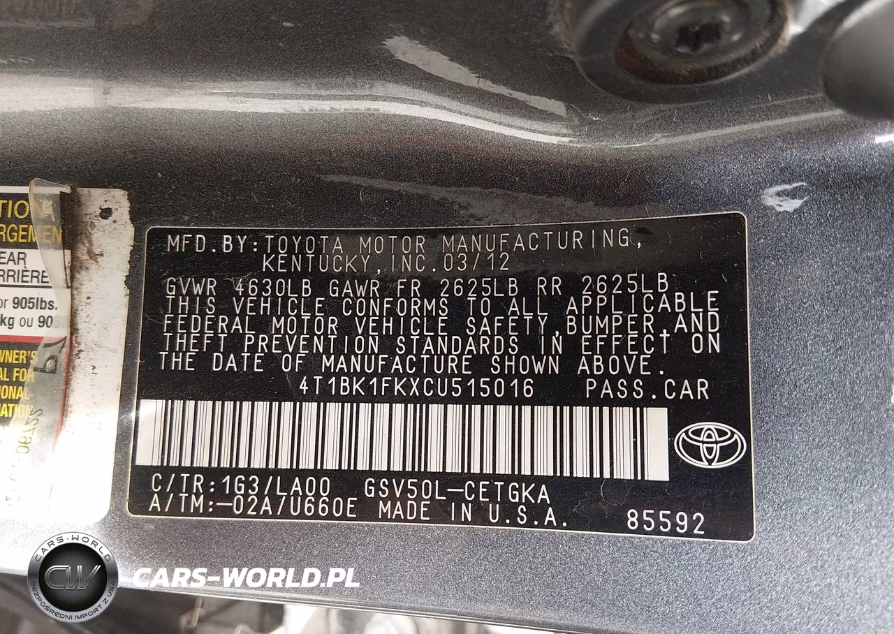 2012 Toyota Camry Xle V6 VIN:4T1BK1FKXCU515016 - 9