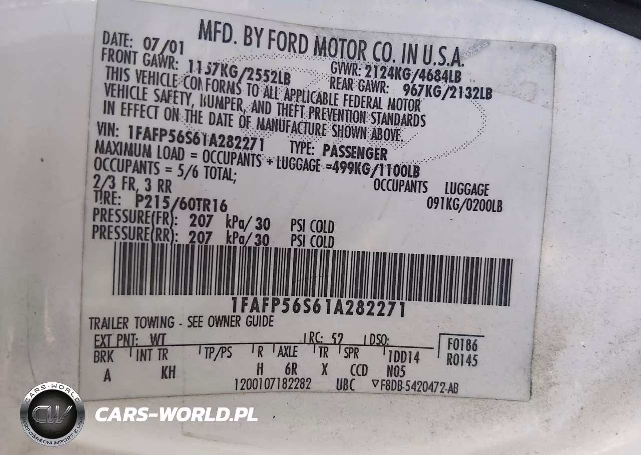 2001 Ford Taurus Sel VIN:1FAFP56S61A282271 - 9