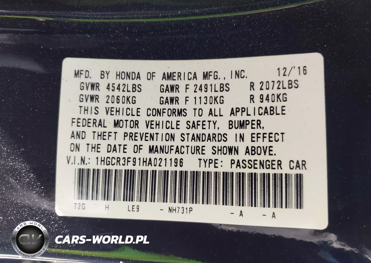 2017 Honda Accord Touring V6 VIN:1HGCR3F91HA021196 - 9