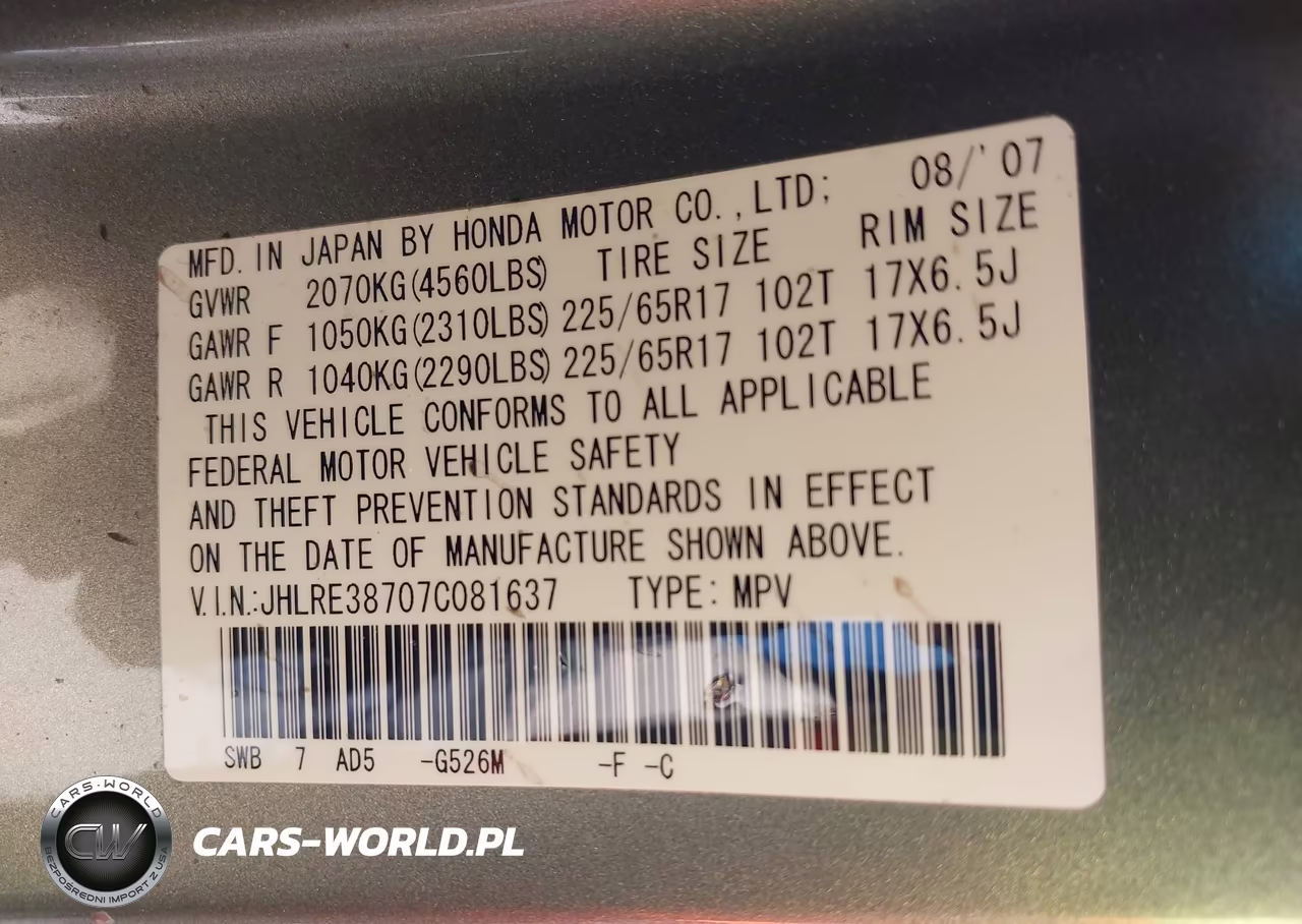2007 Honda Cr-V Ex-L VIN:JHLRE38707C081637 - 9
