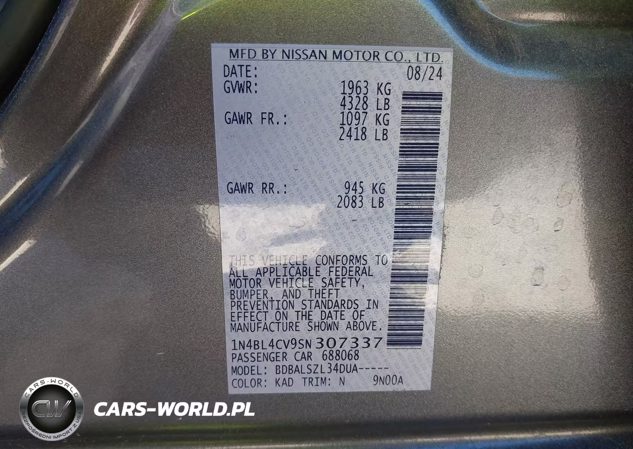 2025 Nissan Altima Sr Fwd VIN:1N4BL4CV9SN307337 - 9