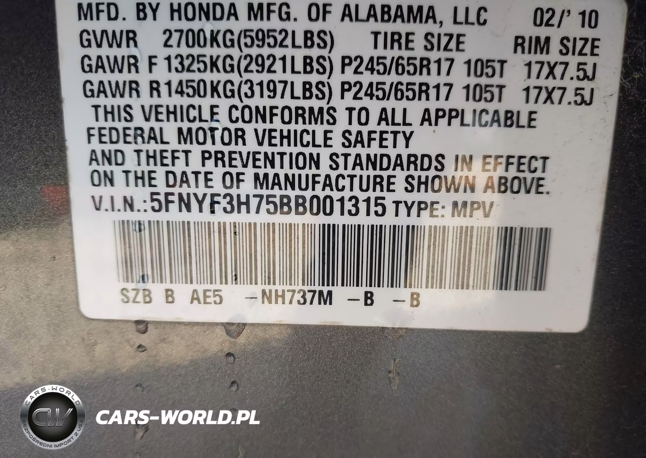 2011 Honda Pilot Ex-L VIN:5FNYF3H75BB001315 - 9
