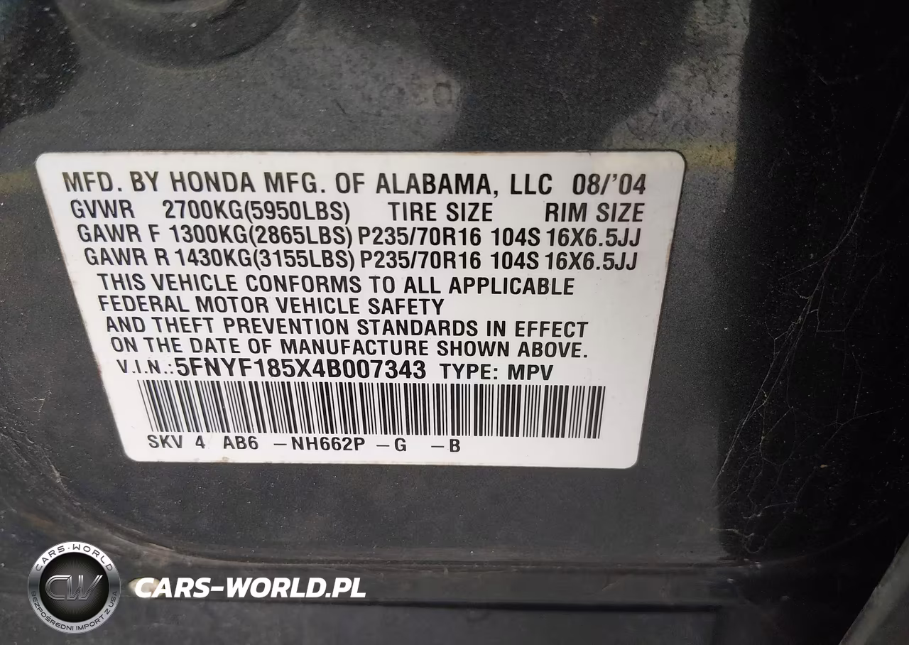 2004 Honda Pilot VIN:5FNYF185X4B007343 - 9