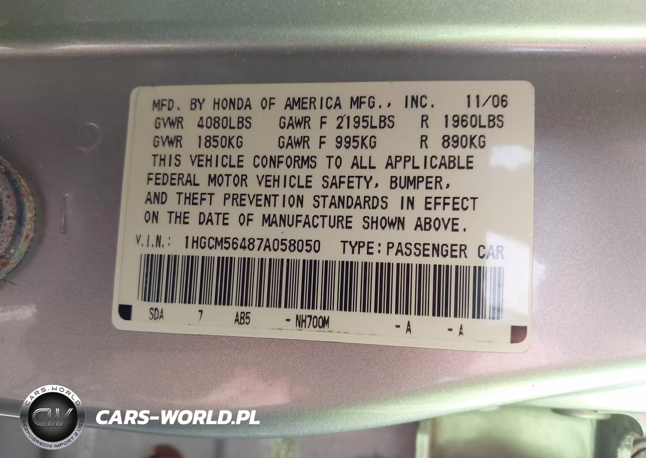 2007 Honda Accord 2.4 Lx VIN:1HGCM56487A058050 - 9