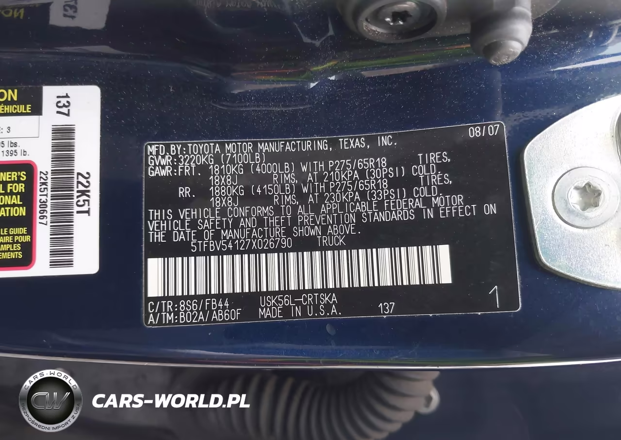 2007 Toyota Tundra Sr5 5.7L V8 VIN:5TFBV54127X026790 - 9