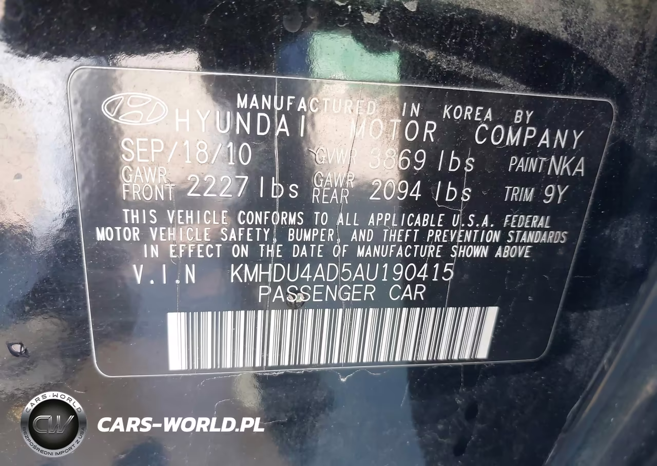 2010 Hyundai Elantra Gls VIN:KMHDU4AD5AU190415 - 9