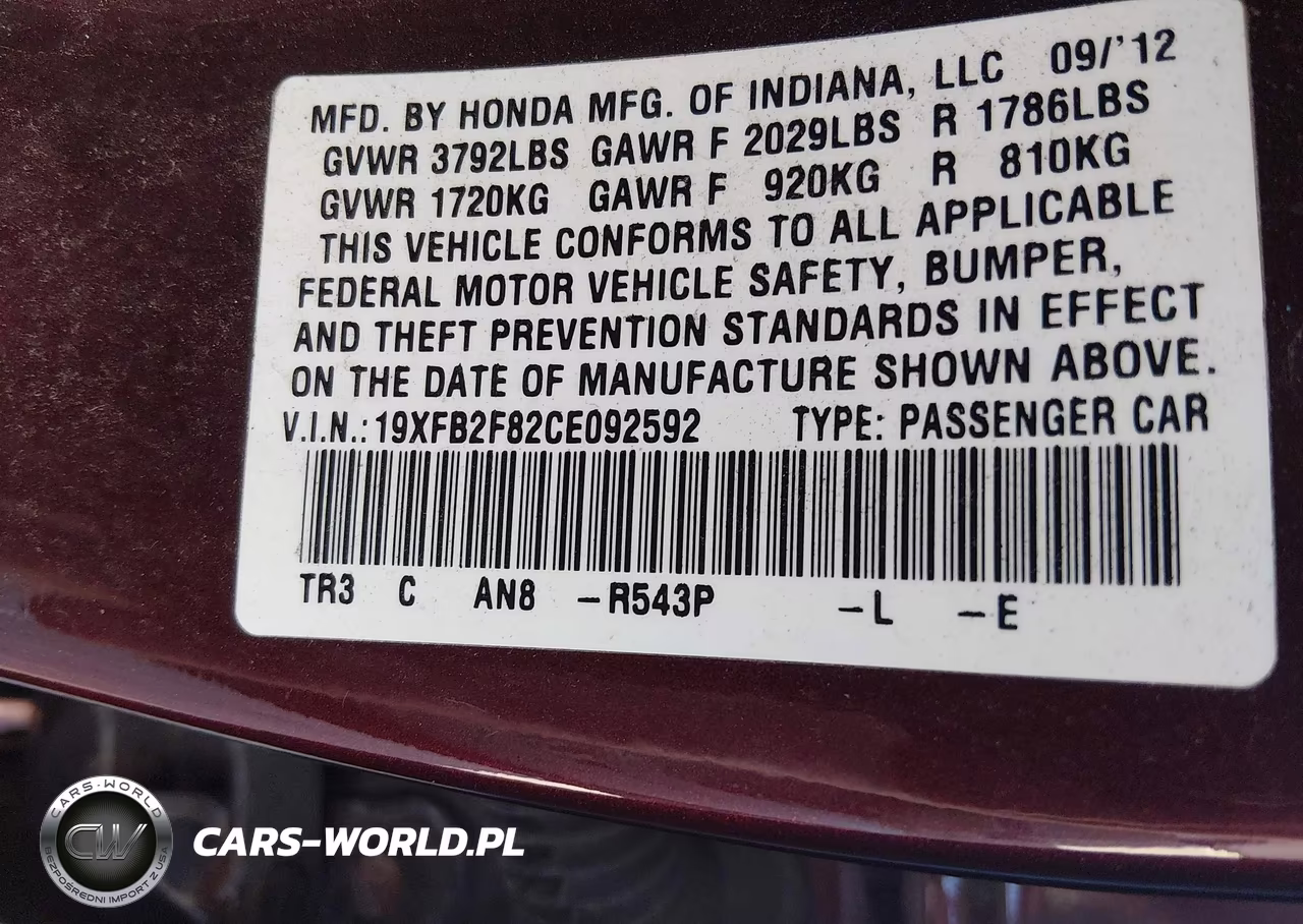 2012 Honda Civic Sdn Ex VIN:19XFB2F82CE092592 - 9