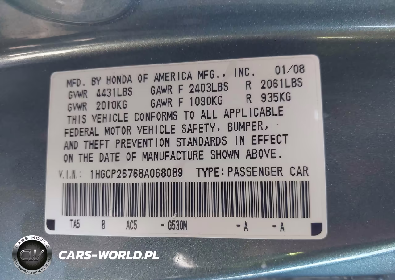 2008 Honda Accord 2.4 Ex VIN:1HGCP26768A068089 - 9