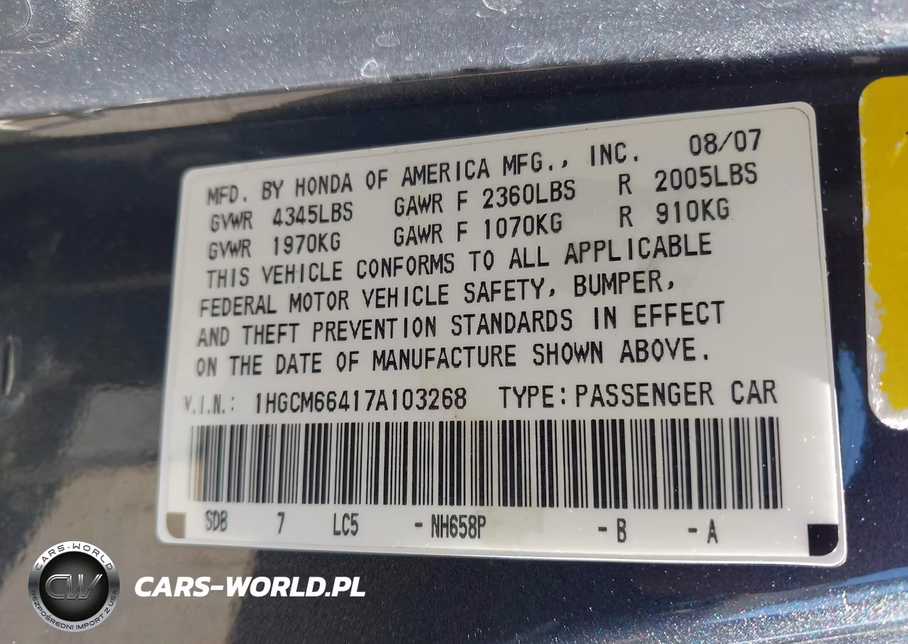 2007 Honda Accord 3.0 Se VIN:1HGCM66417A103268 - 9