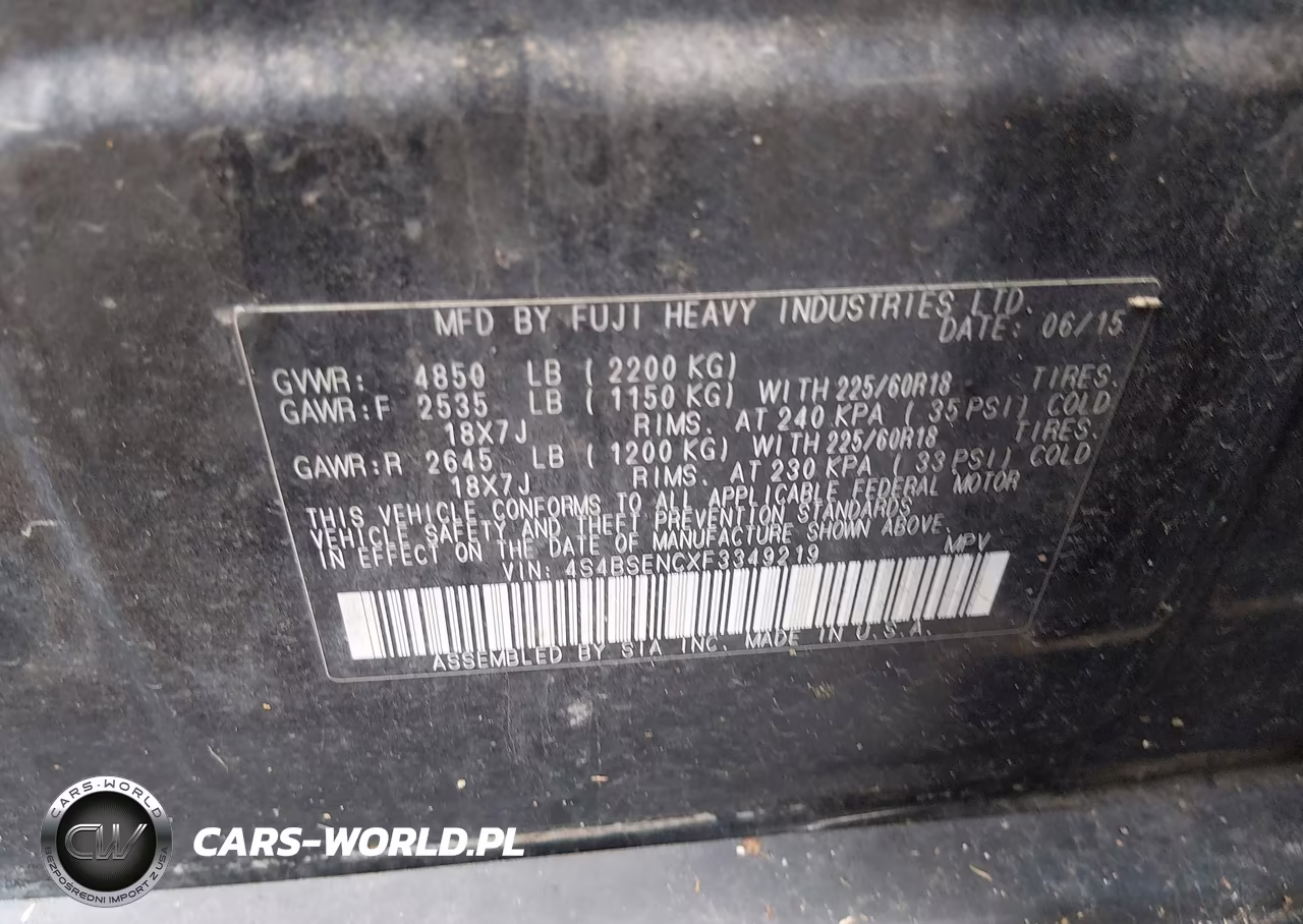 2015 Subaru Outback 3.6R Limited VIN:4S4BSENCXF3349219 - 9