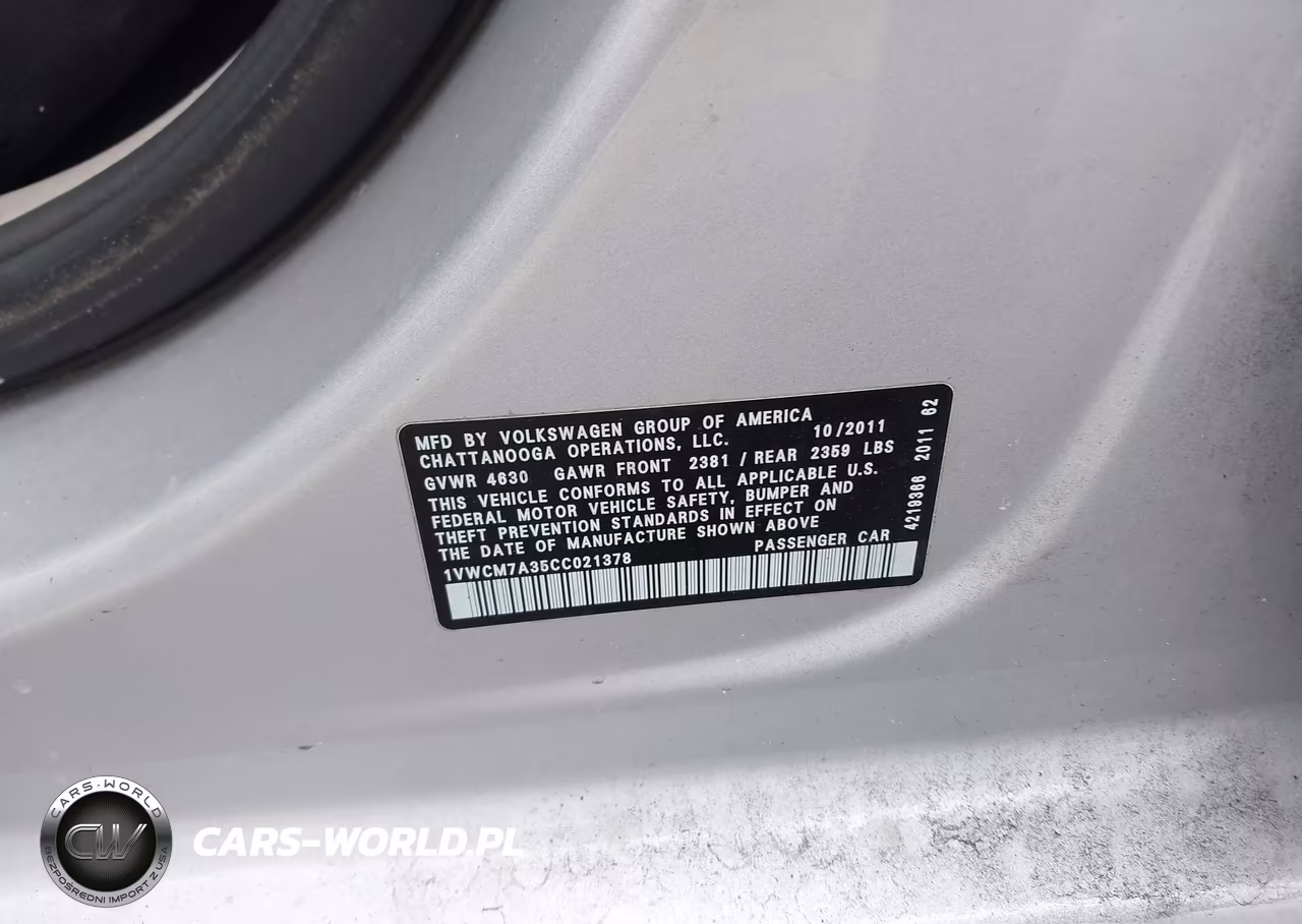 2012 Volkswagen Passat 3.6L V6 Sel Premium VIN:1VWCM7A35CC021378 - 9