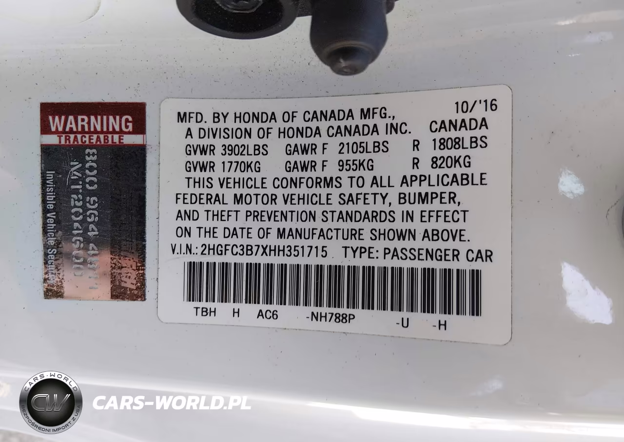 2017 Honda Civic Ex-L VIN:2HGFC3B7XHH351715 - 9