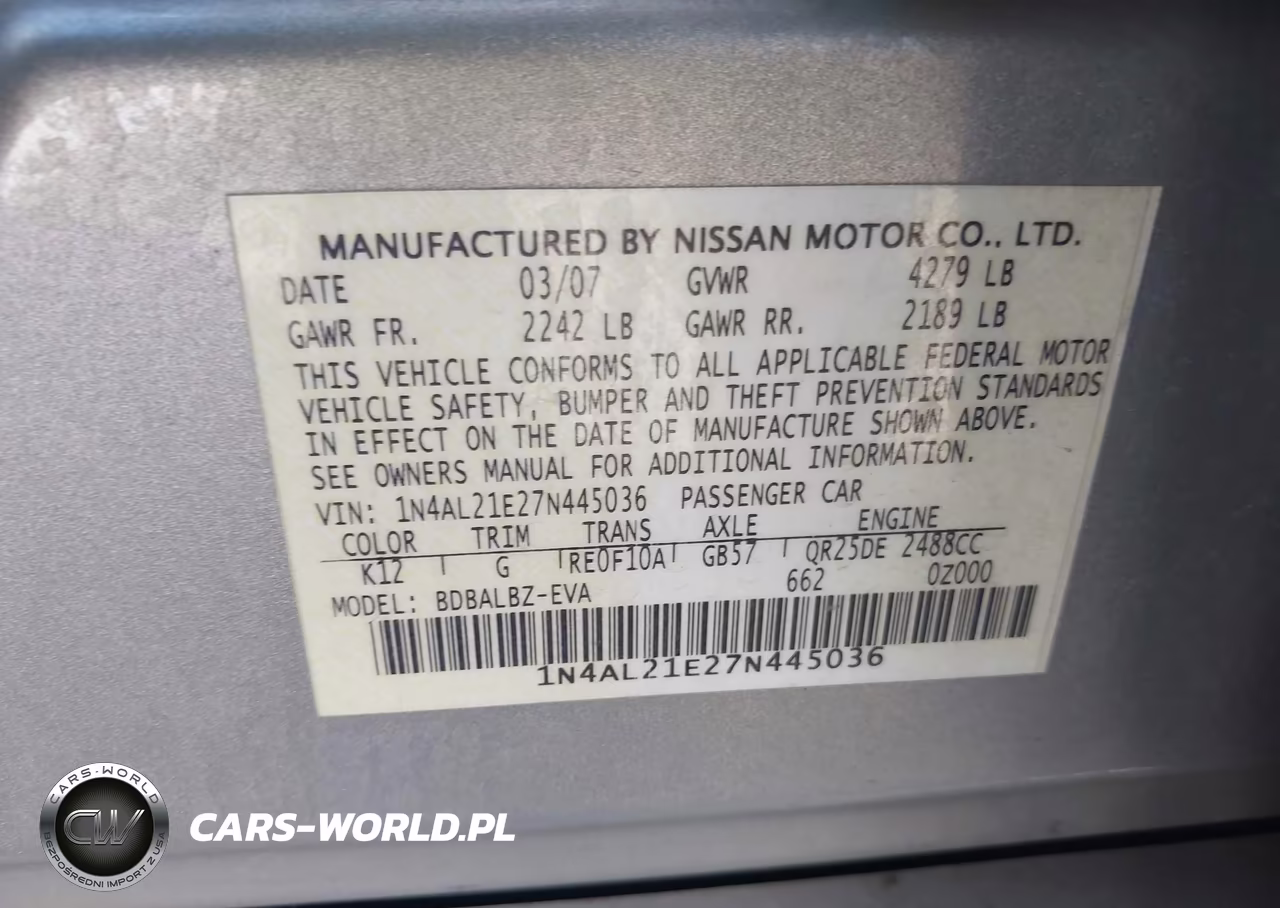2007 Nissan Altima 2.5 S VIN:1N4AL21E27N445036 - 9