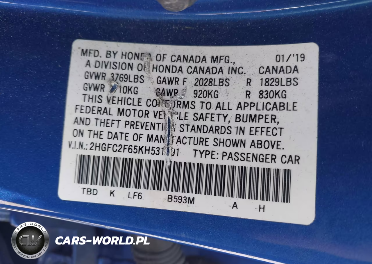 2019 Honda Civic Lx VIN:2HGFC2F65KH531591 - 9