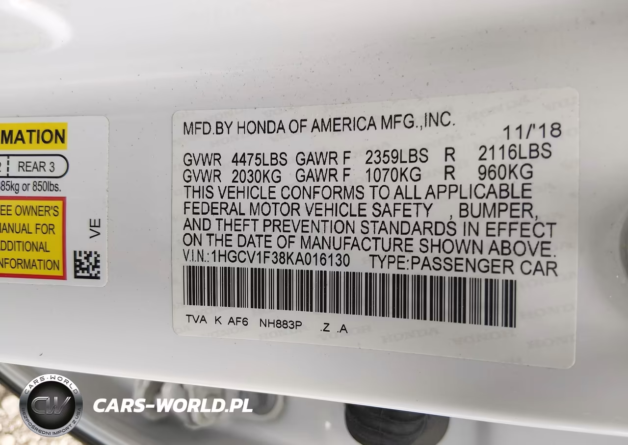2019 Honda Accord Sport VIN:1HGCV1F38KA016130 - 9