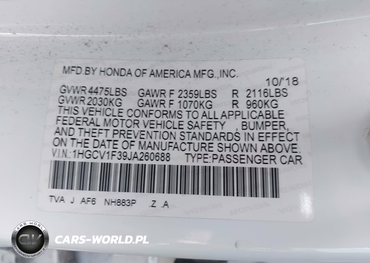 2018 Honda Accord Sport VIN:1HGCV1F39JA260688 - 9