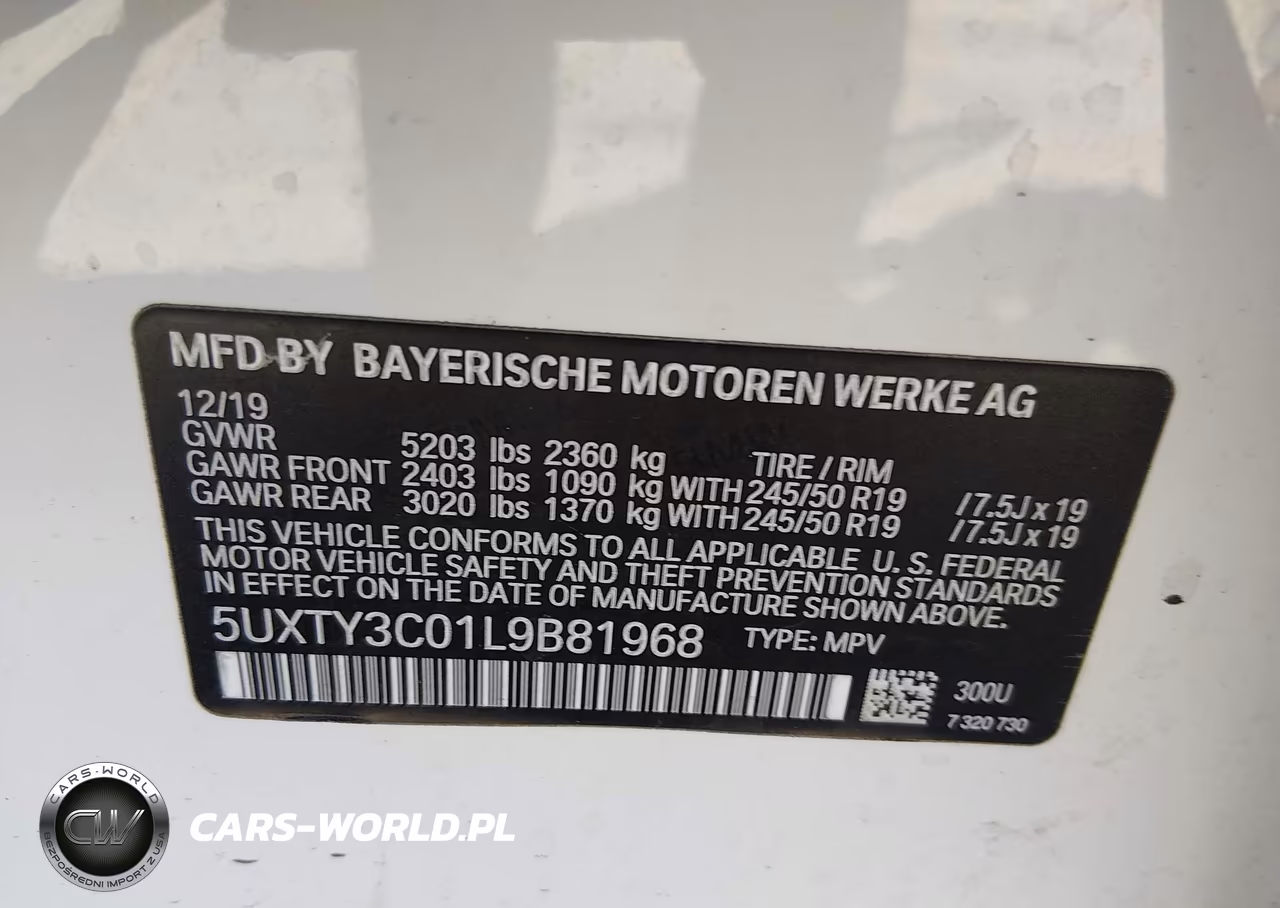 2020 BMW X3 Sdrive30I VIN:5UXTY3C01L9B81968 - 9