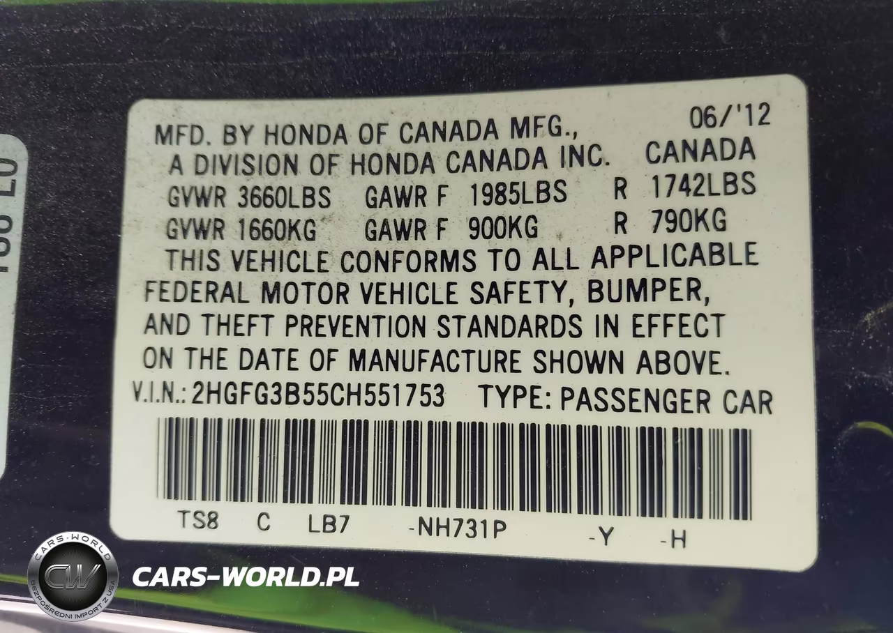 2012 Honda Civic Lx VIN:2HGFG3B55CH551753 - 9