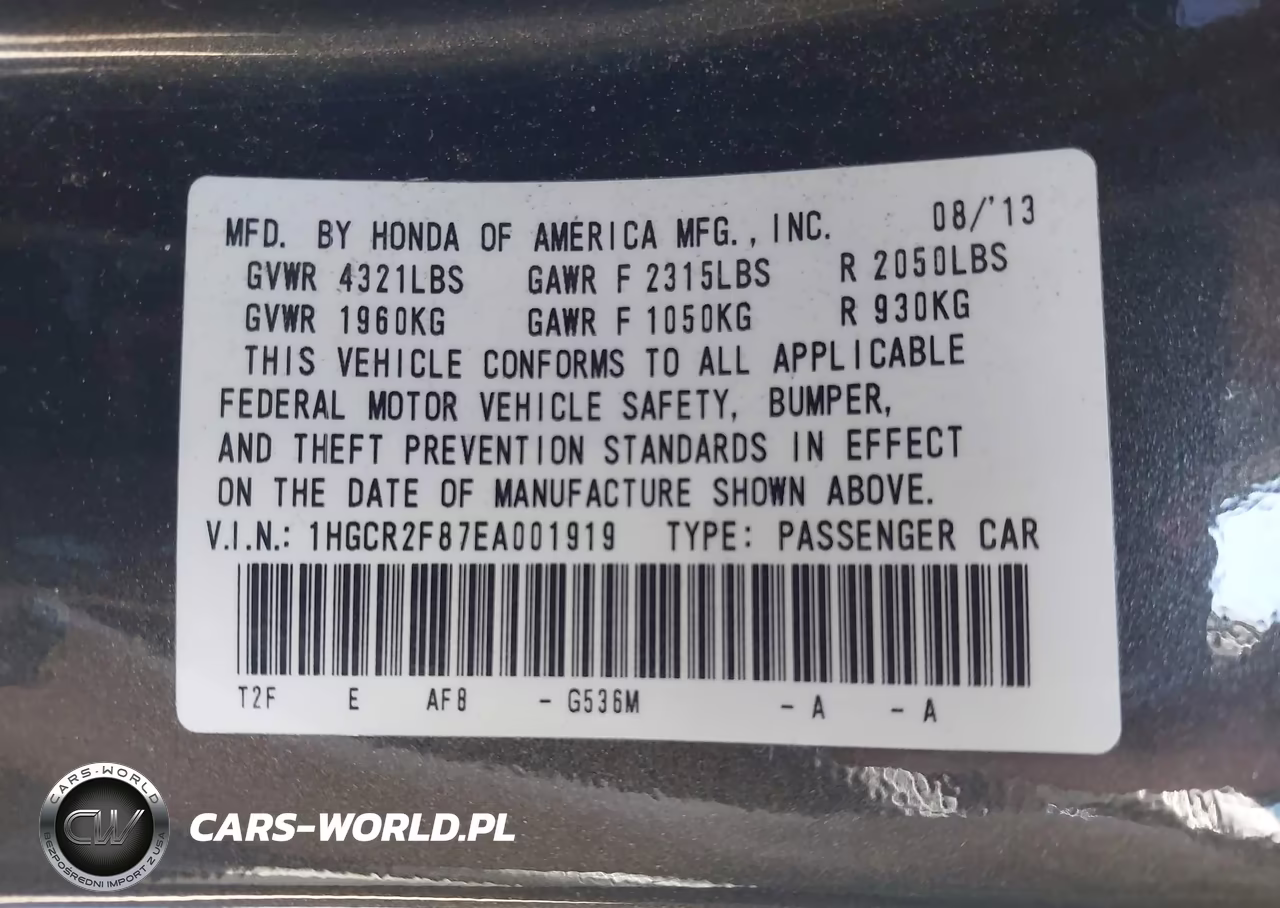2014 Honda Accord Ex-L VIN:1HGCR2F87EA001919 - 9