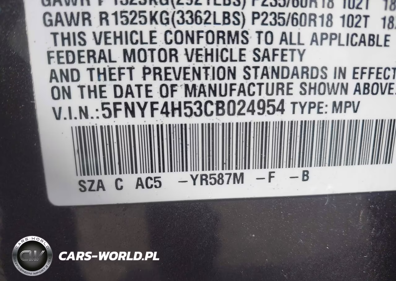 2012 Honda Pilot Ex-L VIN:5FNYF4H53CB024954 - 9