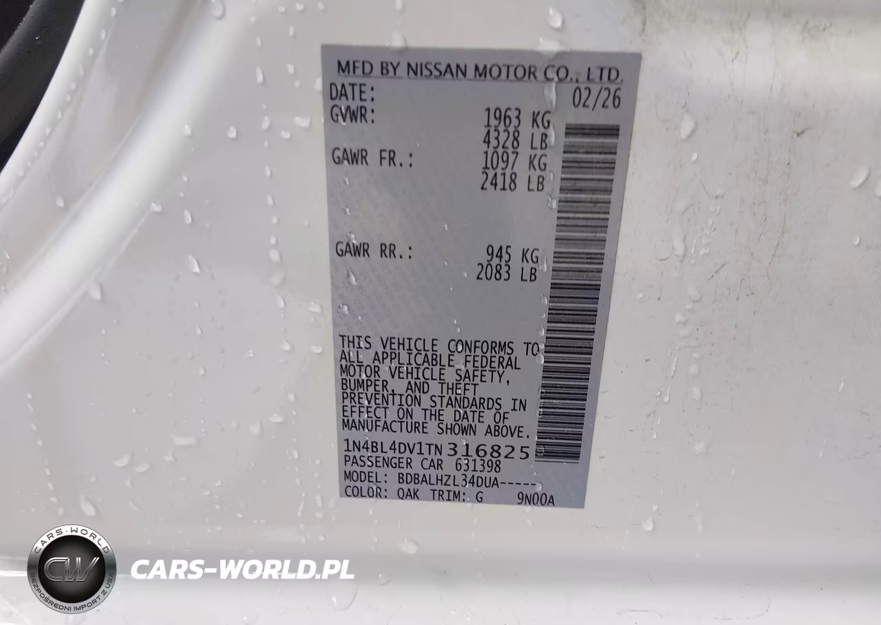 2026 Nissan Altima Sv Fwd VIN:1N4BL4DV1TN316825 - 9