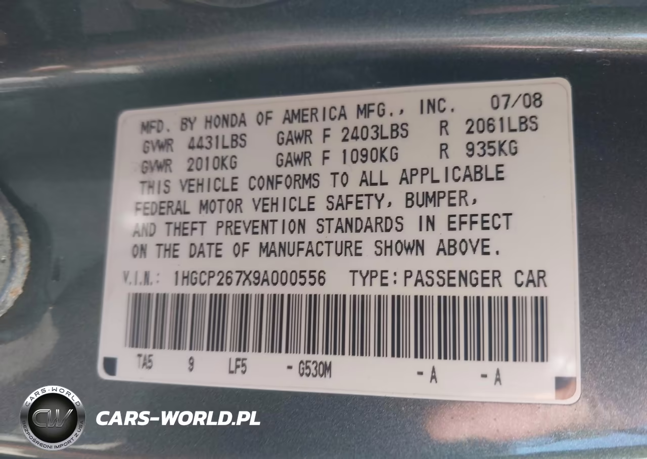 2009 Honda Accord 2.4 Ex VIN:1HGCP267X9A000556 - 9