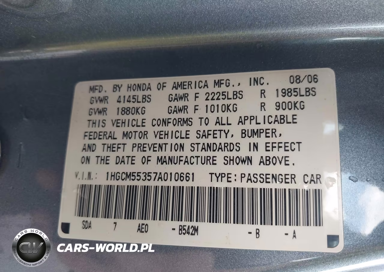 2007 Honda Accord 2.4 Se VIN:1HGCM55357A010661 - 9