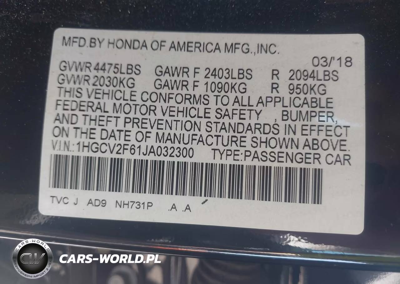2018 Honda Accord Ex-L 2.0T VIN:1HGCV2F61JA032300 - 9