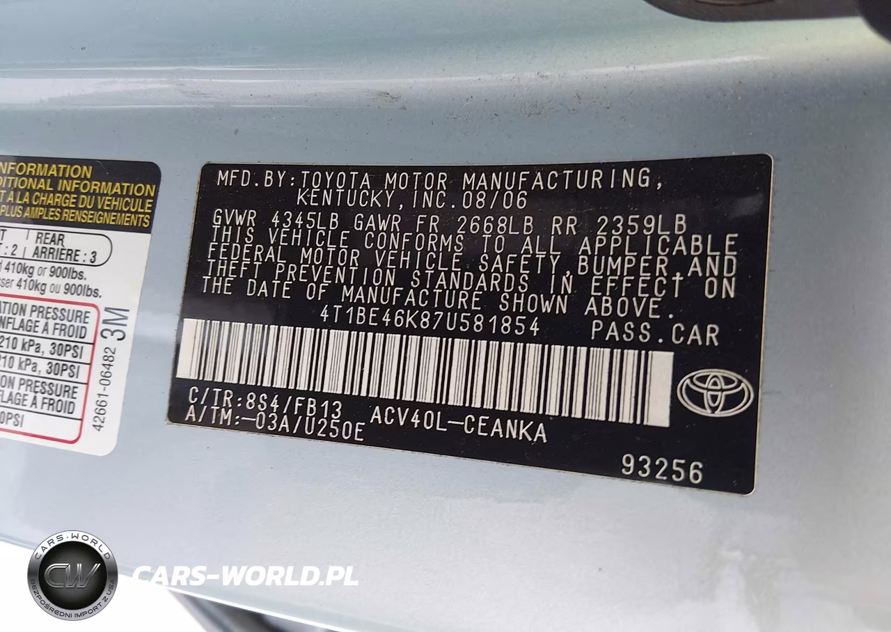 2007 Toyota Camry Le VIN:4T1BE46K87U581854 - 9