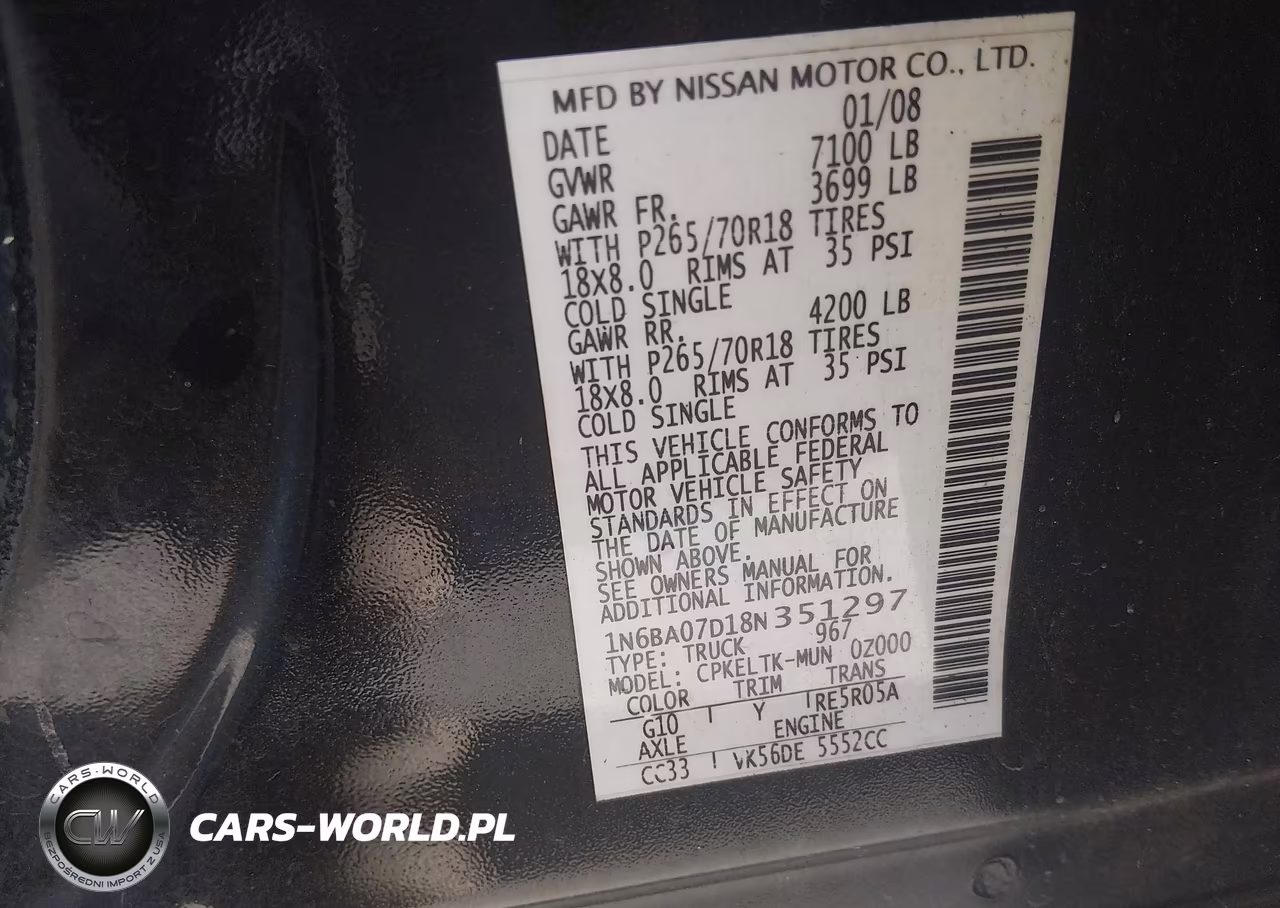 2008 Nissan Titan Se VIN:1N6BA07D18N351297 - 9