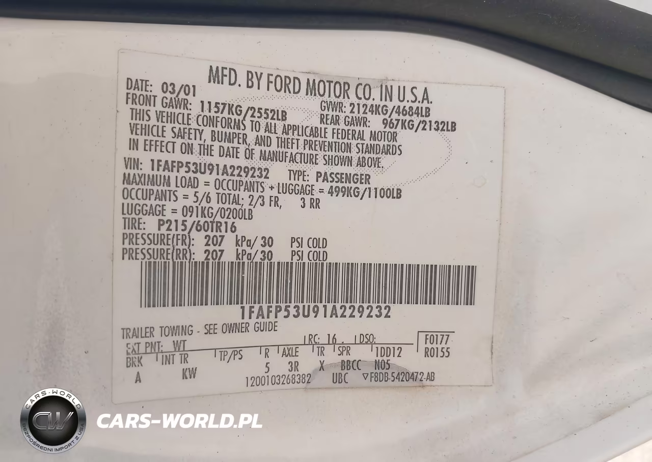 2001 Ford Taurus Se VIN:1FAFP53U91A229232 - 9