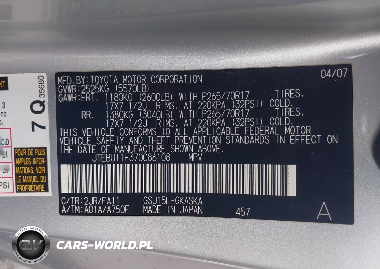 2007 Toyota Fj Cruiser VIN:JTEBU11F370086108 - 9