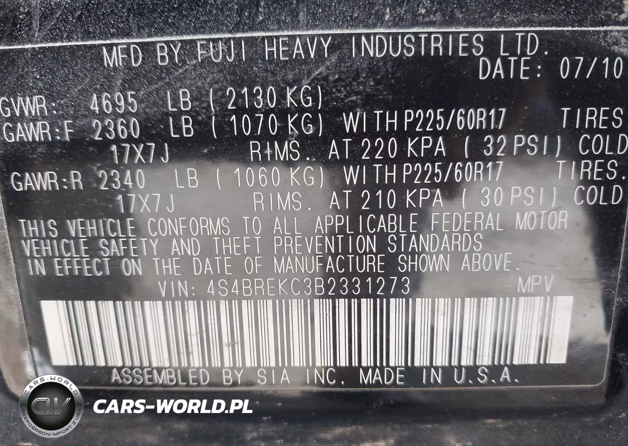 2011 Subaru Outback 3.6R Limited VIN:4S4BREKC3B2331273 - 9