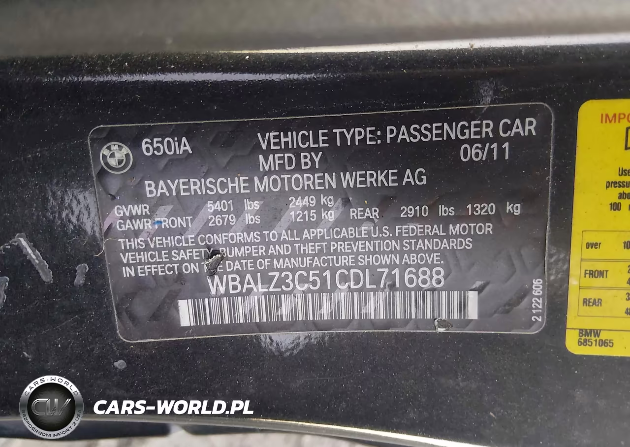 2012 BMW 650I VIN:WBALZ3C51CDL71688 - 9