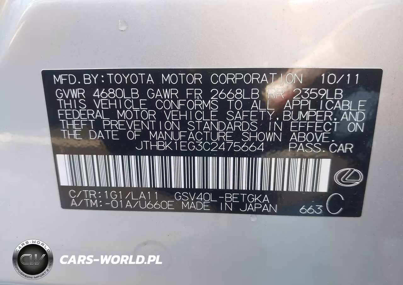2012 Lexus Es 350 VIN:JTHBK1EG3C2475664 - 9