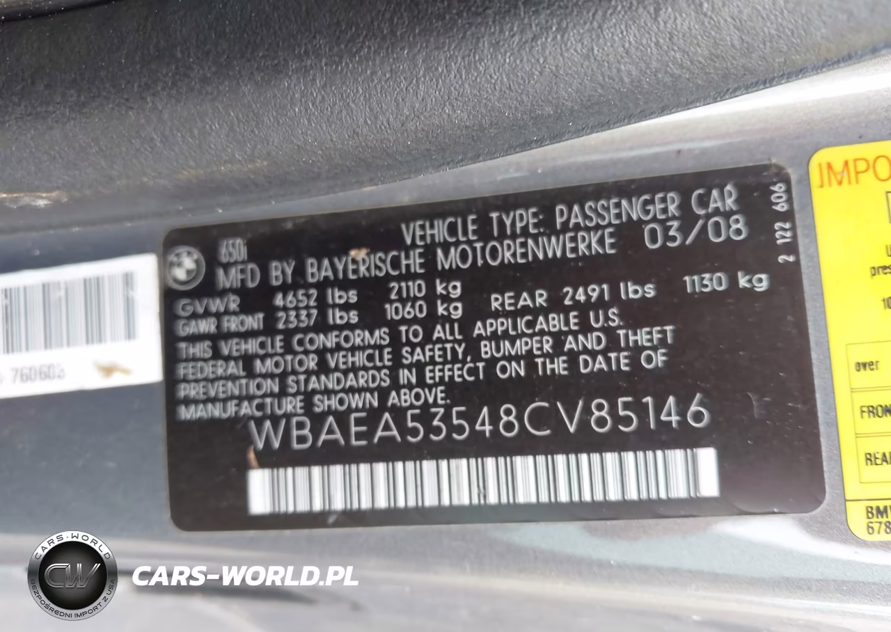 2008 BMW 650I VIN:WBAEA53548CV85146 - 9