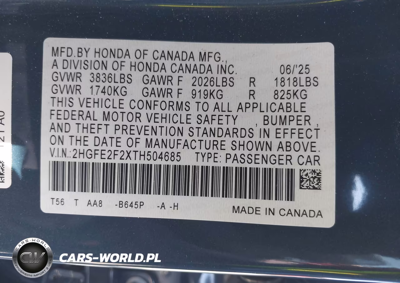 2026 Honda Civic Lx VIN:2HGFE2F2XTH504685 - 9