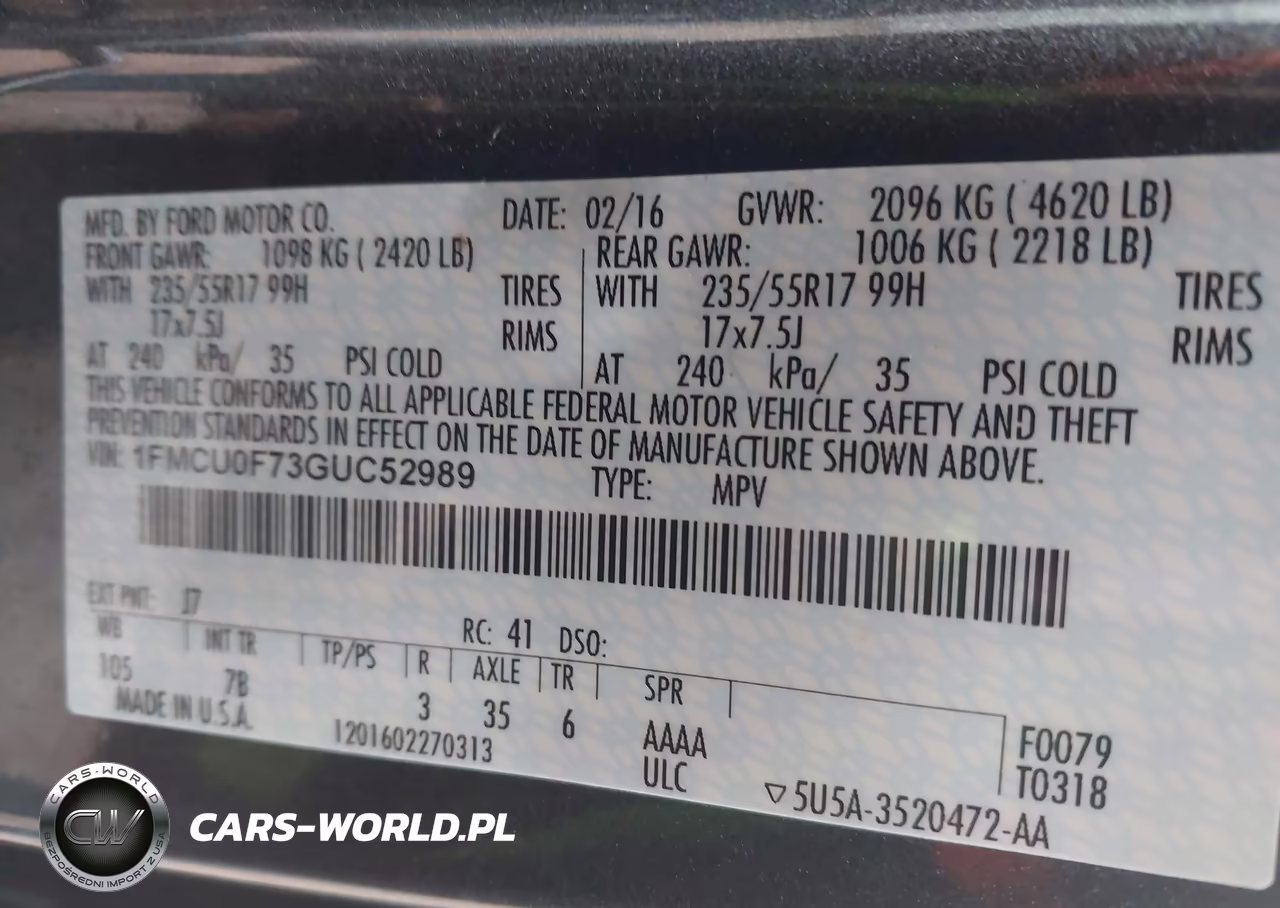 2016 Ford Escape S VIN:1FMCU0F73GUC52989 - 9